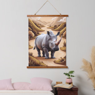 Whimsical Miniature Rhino Wandteppich Mit Holzrahmen