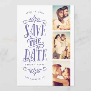 Whimsical Mod 3-Foto Save the Date   Lavendelblau