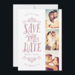 Whimsical Mod 3-Foto Save the Date | Malvenfarben<br><div class="desc">Mit dieser 3-Foto-Save the Date-Karte mit fett formatierter Typografie können Sie Ihr Datum stilvoll verkünden. Die Rückseite weist ein Streifen und ein zusätzliches Foto und Text auf.</div>
