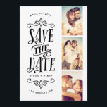 Whimsical Mod 3-Foto Save the Date | Schwarz<br><div class="desc">Mit dieser 3-Foto-Save the Date-Karte mit fett formatierter Typografie können Sie Ihr Datum stilvoll verkünden. Die Rückseite weist ein Streifen und ein zusätzliches Foto und Text auf.</div>