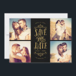 Whimsical Mod 4-Foto Save the Date | Gold Black<br><div class="desc">Mit dieser 4-Foto-Save the Date-Karte mit fett formatierter Typografie können Sie Ihr Datum stilvoll verkünden. Die Rückseite weist ein Streifen und ein zusätzliches Foto und Text auf.</div>