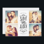 Whimsical Mod 4-Foto Save the Date | Schwarz<br><div class="desc">Mit dieser 4-Foto-Save the Date-Karte mit fett formatierter Typografie können Sie Ihr Datum stilvoll verkünden. Die Rückseite weist ein Streifen und ein zusätzliches Foto und Text auf.</div>