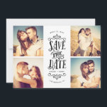 Whimsical Mod 4-Foto Save the Date | Schwarz<br><div class="desc">Mit dieser 4-Foto-Save the Date-Karte mit fett formatierter Typografie können Sie Ihr Datum stilvoll verkünden. Die Rückseite weist ein Streifen und ein zusätzliches Foto und Text auf.</div>
