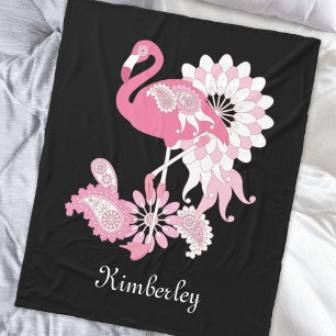 Whimsical Modern Black Pink Flamingo Fleecedecke