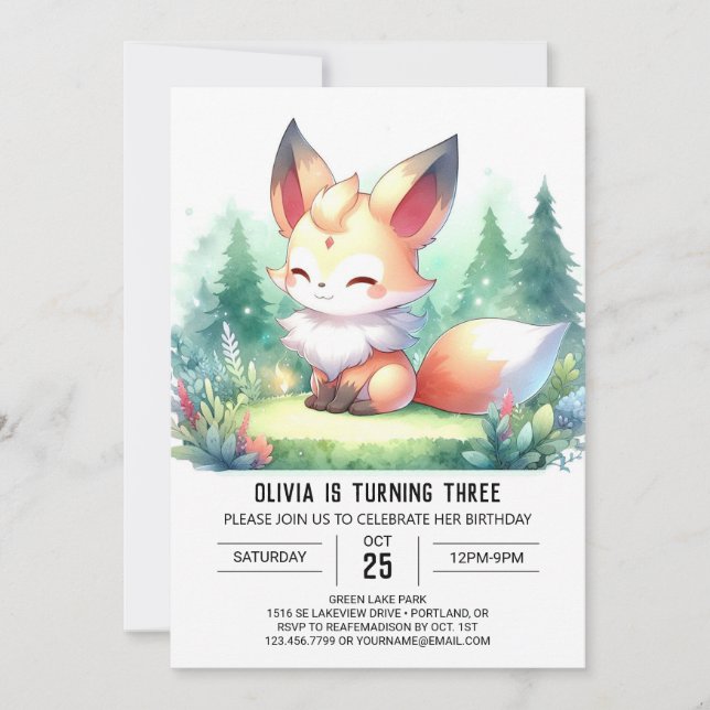 Whimsical Modern Fox Geburtstag digital Einladung (Vorderseite)