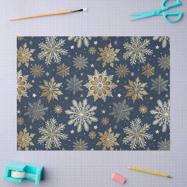 Whimsical Modern Navy Gold Snowflakes Decoupage Seidenpapier (Basteln)
