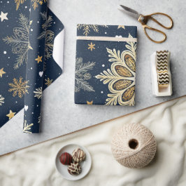 Whimsical Modern Navy Gold Snowflakes & Hearts Geschenkpapier