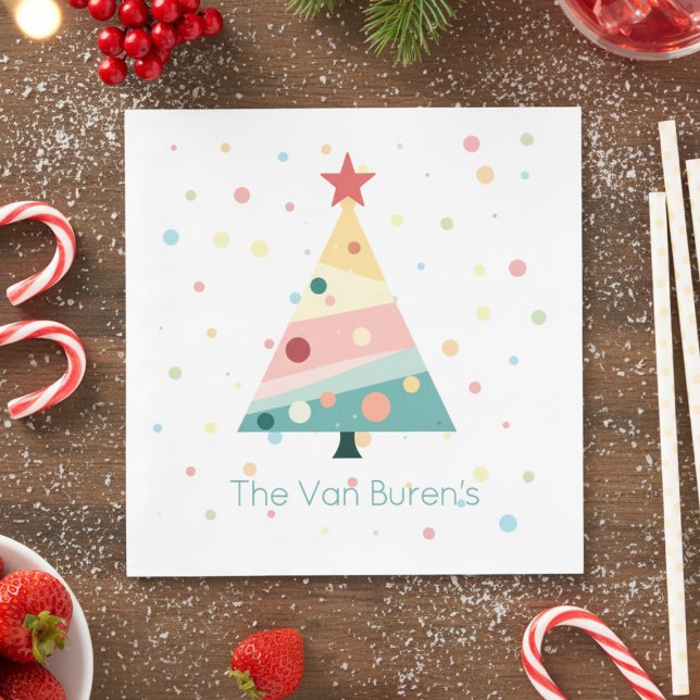 Whimsical Modern Pastel Polka Dot Christmas Serviette (Pastel color polka dot Christmas tree napkin)
