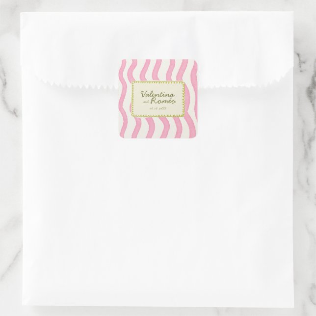 Whimsical Modern Pink & Green Wedding Quadratischer Aufkleber (Tasche)