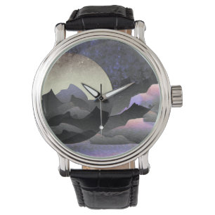 Whimsical Mond und Berge Abstrakte Kunst Armbanduhr