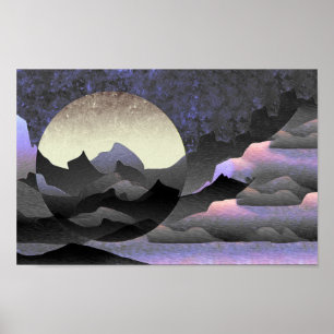 Whimsical Mond und Berge Abstrakte Kunst Poster