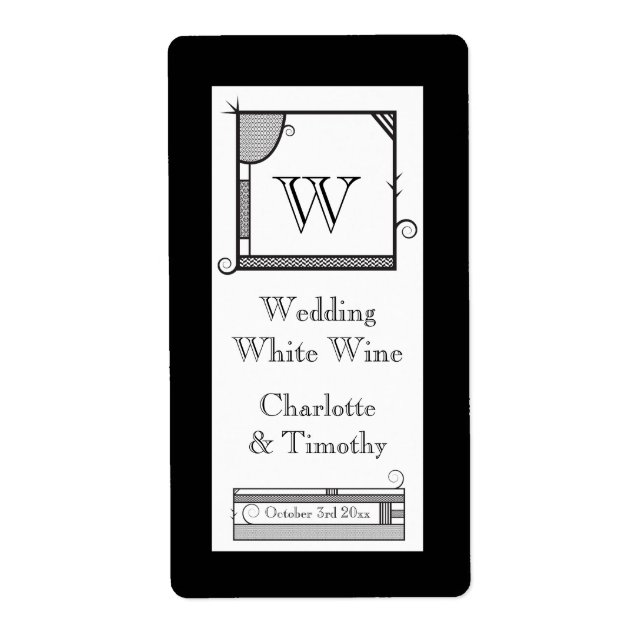 Whimsical Monogram Black and White Wine Label (Vorne)