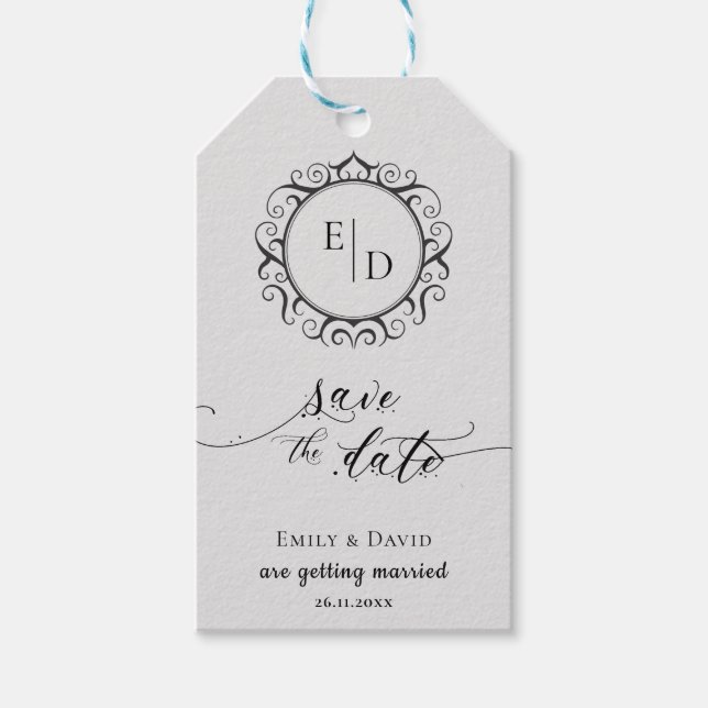 Whimsical Monogram Script Wedding Save the Date Geschenkanhänger (Vorderseite)