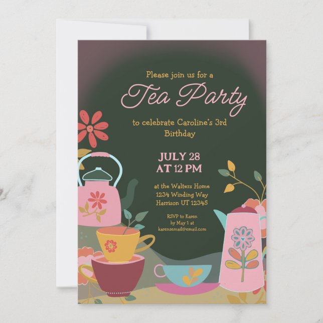 Whimsical Moody Tee Party Geburtstag Einladung (Vorderseite)