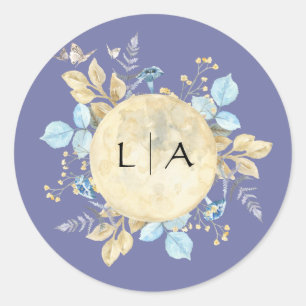 Whimsical Moon Lila Monogram Wedcker Runder Aufkleber