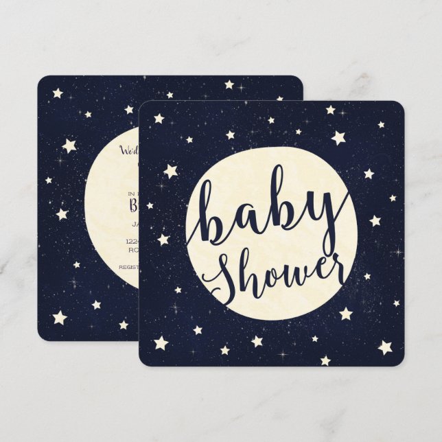 Whimsical Moon & Stars Celestial Blue Baby Dusche Einladung (Vorne/Hinten)