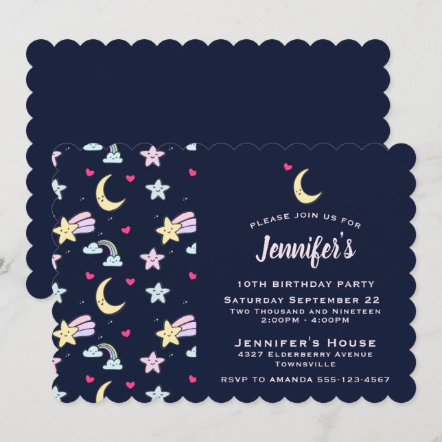 Whimsical Moon, Stars und Wolken am Blauen Geburts Einladung (Vorne/Hinten)