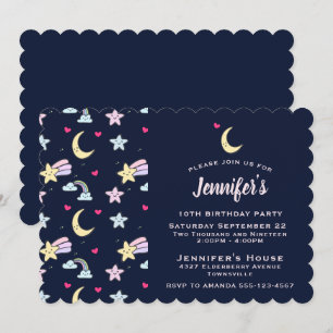 Whimsical Moon, Stars und Wolken am Blauen Geburts Einladung