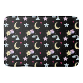 Whimsical Moon, Stars und Wolkenmuster auf schwarz Badematte