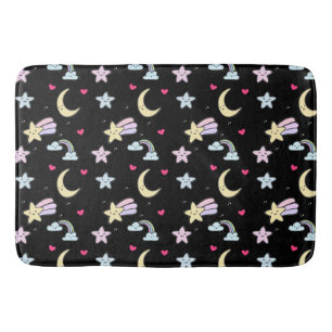 Whimsical Moon, Stars und Wolkenmuster auf schwarz Badematte