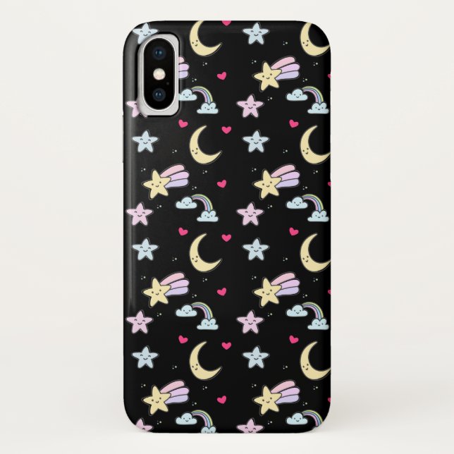 Whimsical Moon, Stars und Wolkenmuster auf schwarz Case-Mate iPhone Hülle (Rückseite)