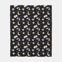 Whimsical Moon, Stars und Wolkenmuster auf schwarz Fleecedecke