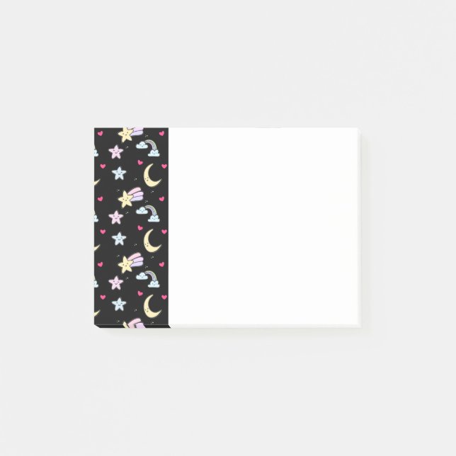 Whimsical Moon, Stars und Wolkenmuster auf schwarz Post-it Klebezettel (Vorderseite)
