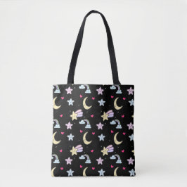 Whimsical Moon, Stars und Wolkenmuster auf schwarz Tasche