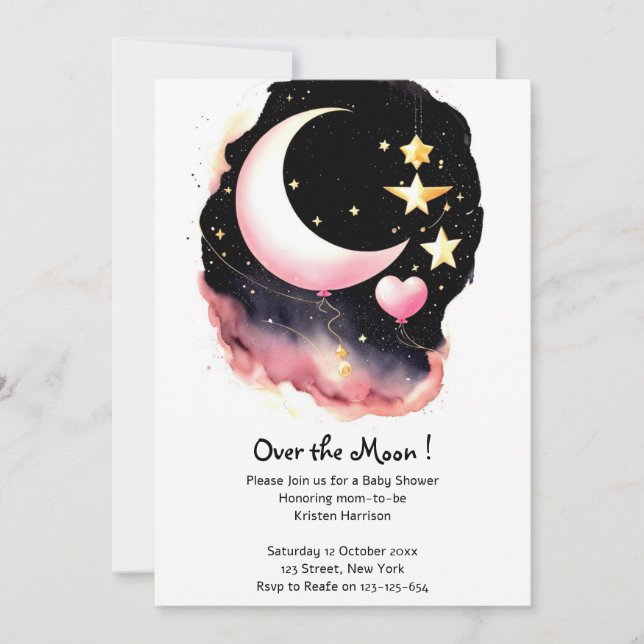 Whimsical Moon & Stars Watercolor Babydusche Einladung (Vorderseite)