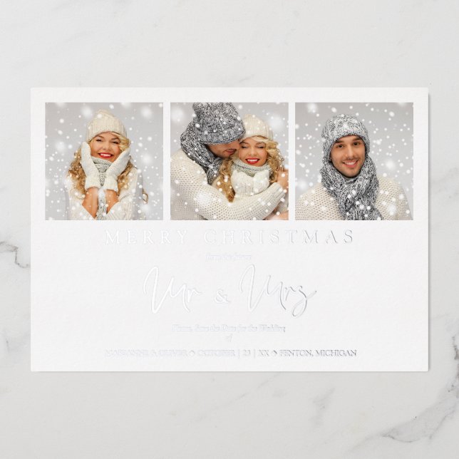 Whimsical MR & MRS Christmas Wedding 3 Photos Folieneinladung (Vorderseite)