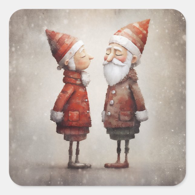 Whimsical Mrs. & Mr. Claus Cartoon Quadratischer Aufkleber (Vorderseite)