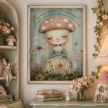 Whimsical Mushroom Faia in einer Blume Wiesen Kuns