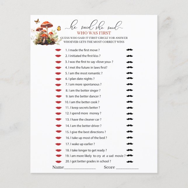 Whimsical Mushroom Watercolor Er sagte, sie sagte  (Vorderseite)