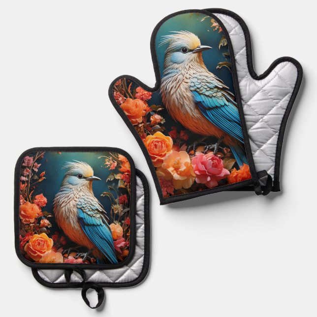 Whimsical Nature Blue Bird Ofenhandschuh & Topflappen-Set (Vorderseite/Rückseite)