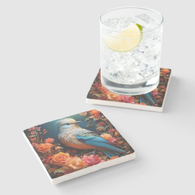 Whimsical Nature Blue Bird Steinuntersetzer (Seitenansicht)