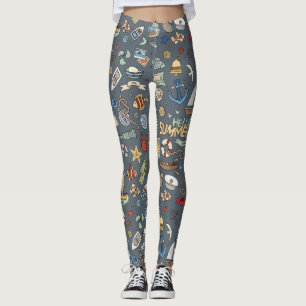 Whimsical Nautical, Coastal Design on Blue Leggings