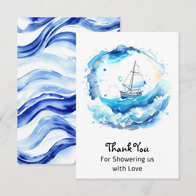 Whimsical Nautical Watercolor Boy Babydusche Dankeskarte (Vorne/Hinten)