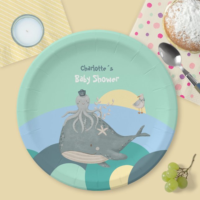 Whimsical Nautical Whale Tintenfisch Green Baby Du Pappteller (Lovable Nautical Whale Squid Green Baby Shower Paper Plates ©Susanne Sachers - Sunny Mind Design 🌞)
