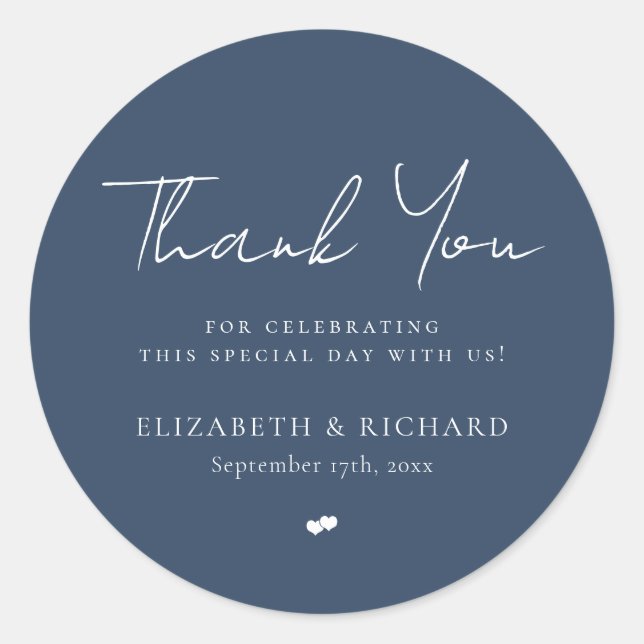 Whimsical Navy Blue Script Danke Hochzeit Runder Aufkleber (Vorderseite)