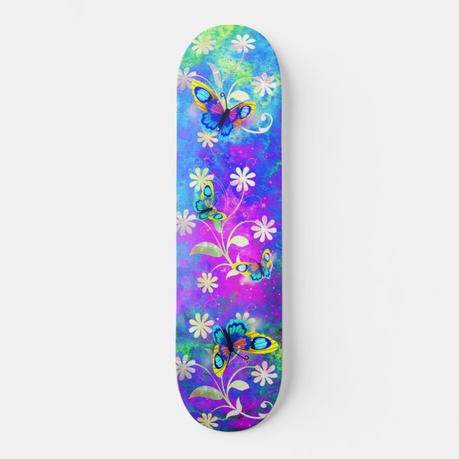 Whimsical Neon Wonderland Blume Schmetterlinge Skateboard (Vorderseite)