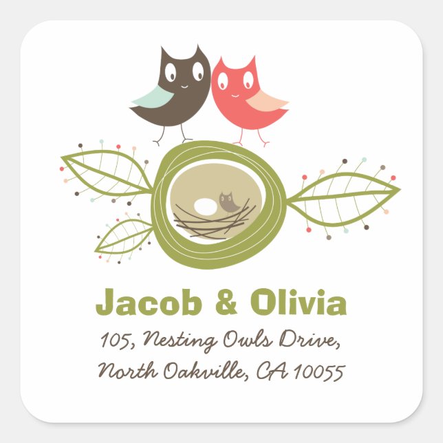 Whimsical Nesting Owl Family Baby Dusche Adresse Quadratischer Aufkleber (Vorderseite)