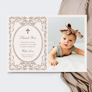 Whimsical Neutral Taupe Kokette Foto-Taufe Dankeskarte