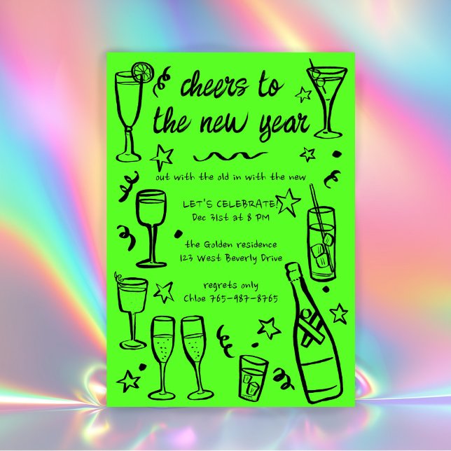 Whimsical NEW YEAR Party Cocktail Drinks nach Maß Einladung (Whimsical Doodles NEW YEAR Party Cocktail Drinks Custom Neon Lime Green Bold Fun Invitation
)