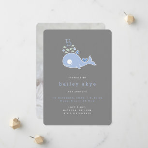 Whimsical Niedlich Blue Whale Monogram Baby Boy Bi Ankündigung