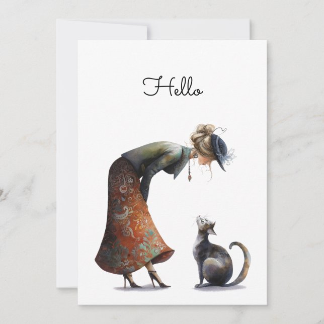 Whimsical Niedlich Cat and Lady Hello Flat Karte (Vorderseite)
