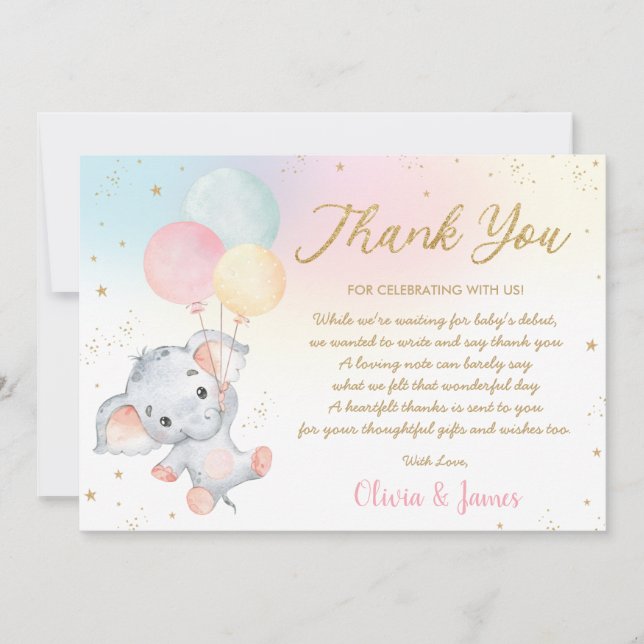 Whimsical Niedlich Elephant Balloons Baby Shower G Dankeskarte (Vorderseite)