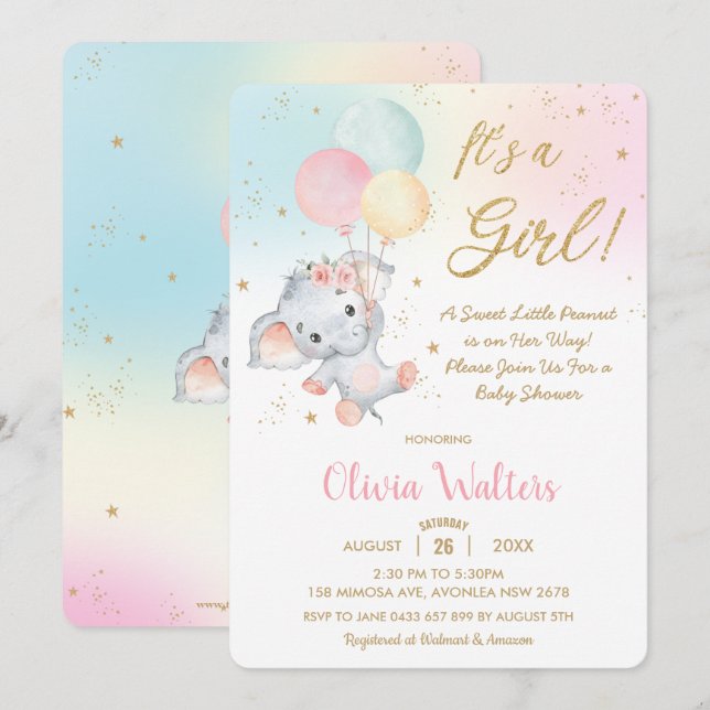 Whimsical Niedlich Elephant Balloons Baby Shower G Einladung (Vorne/Hinten)