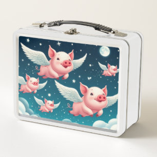 Whimsical Niedlich Flying Schweine in Sternenhimme Metall Brotdose