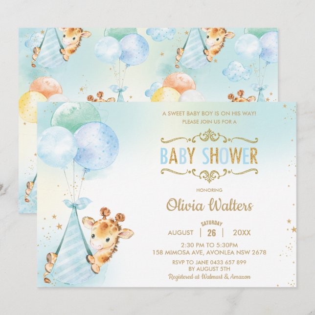 Whimsical Niedlich Giraffe Balloons Baby Shower Bo Einladung (Vorne/Hinten)