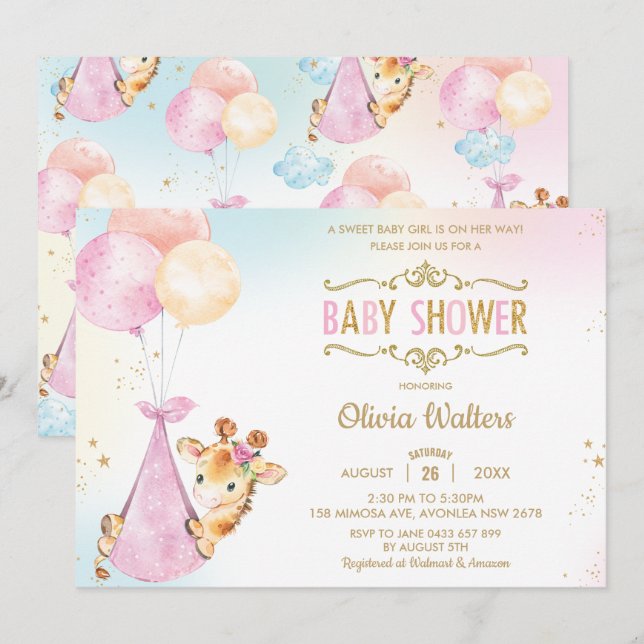 Whimsical Niedlich Giraffe Balloons Baby Shower Gi Einladung (Vorne/Hinten)